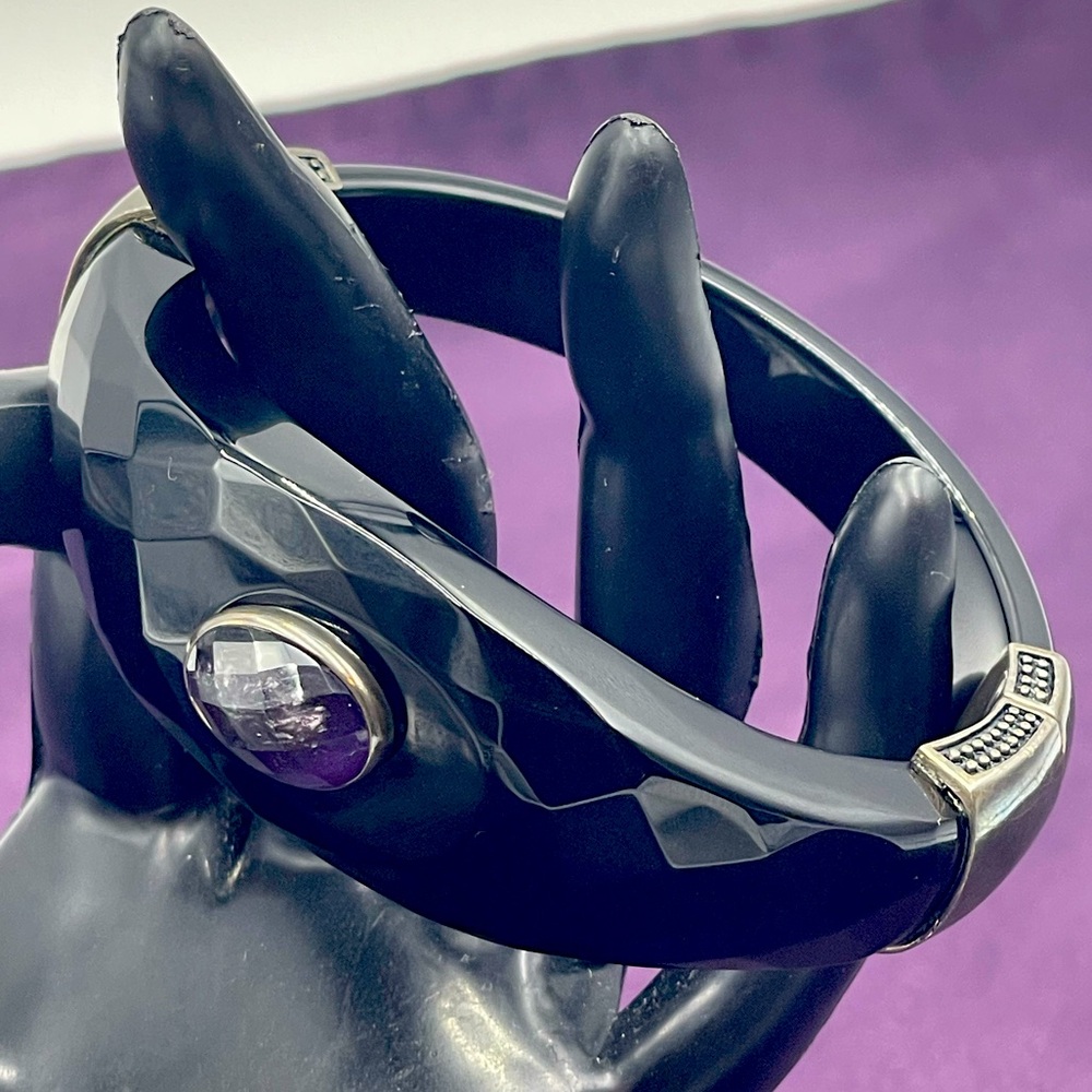 Black Faceted Solid Onyx Hinged Bangle Bracelet W… - image 1